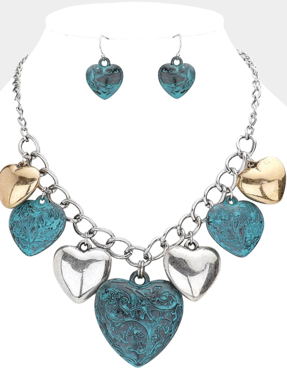 Puffy Heart Charm Necklace Patina Gold Silver